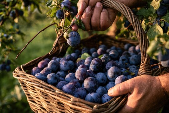 A hand gently places a ripe plum into a brimming basket of fruit