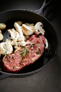 Beef steak in an iron pan