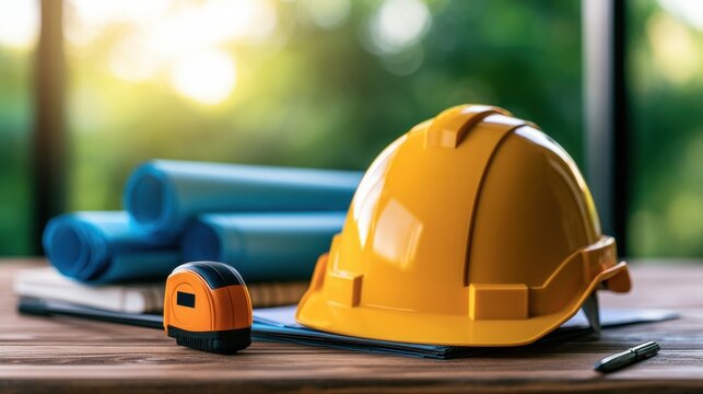 Construction helmet, tape measure, and blueprints on wooden table, with soft natural light and greenery in the background, representing building industry concepts.