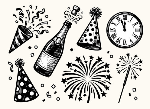 New Year celebration set with champagne, party hats, clock and fireworks, retro engraving illustration, holiday vector illustration.