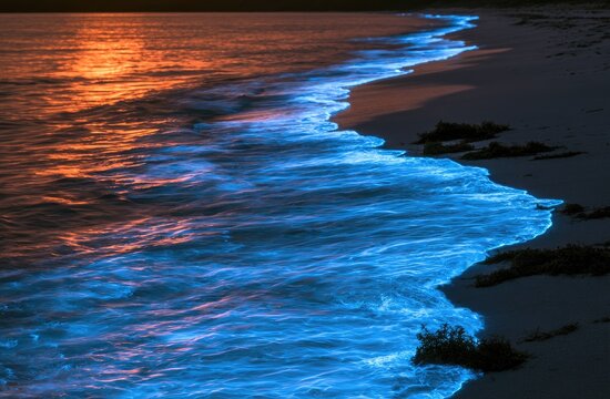 Bioluminescent waves glow electric blue on a dark sandy beach under sunset light
