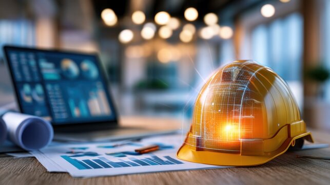 Modern construction helmet placed on workspace with digital graphs and data analytics, symbolizing safety, technology and engineering innovation in industry.