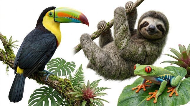 Tropical Rainforest Animals Sloth Toucan and Red Eyed Tree Frog