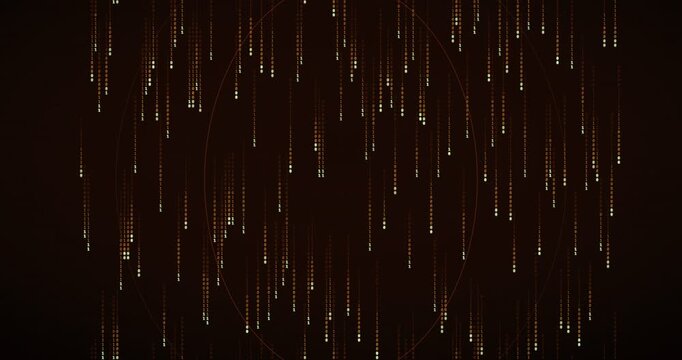 Binary code rain animation creates a dense, amber-hued digital storm with a soft neon glow.