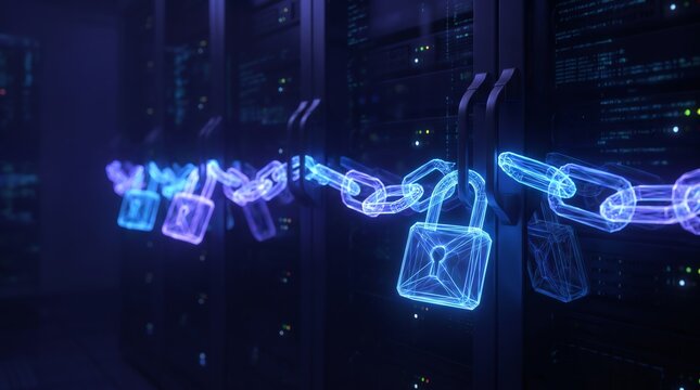 Digital locks and chains securing server racks