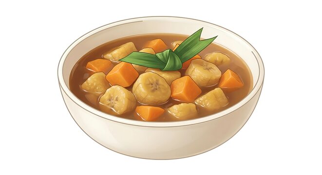 Traditional Indonesian dessert Kolak Pisang Ubi or banana and sweet potato compote with coconut milk, palm sugar, and pandan leaves in a bowl, popular for Ramadhan takjil.