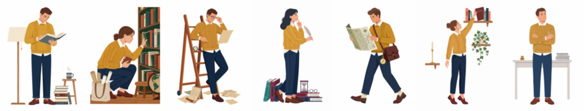 Flat vector character collection of people reading and studying in library or bookstore, students and book lovers with bookshelves, books, and literature, educational activities set.