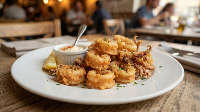 Fried Calamari with Dipping Sauce in Restaurant