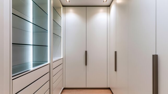 Modern minimalist wardrobe interior with sleek design, wooden flooring, contemporary lighting, and spacious storage for an organized home lifestyle