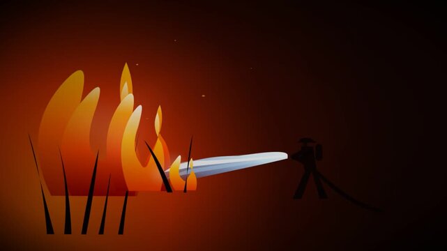 Firefighter Extinguishing Blaze with Water Hose Vector Animation