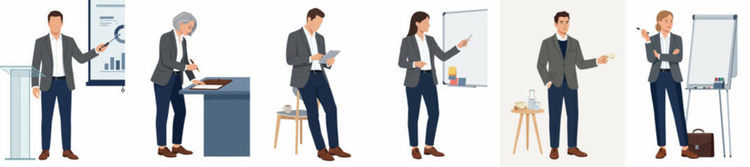 Obraz premium Set of Professional Business People Vector Illustrations for Presentations, Seminars, and Corporate Training. Characters Using Flipcharts, Projectors, and Podiums in Office Environments.