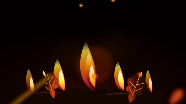 Glowing autumn leaves and floating fire sparks in dark night animation