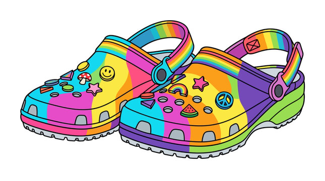 Colorful Rainbow Crocs Shoes with Fun Charms.