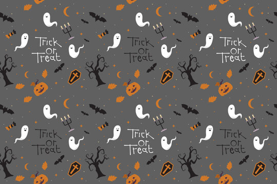 trick or treat halloween pattern with ghost, pumpkin and coffin object for wallpaper and textile sublime