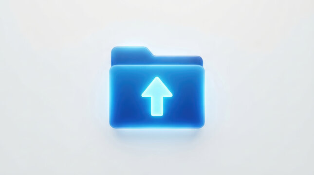 Blue folder upload icon for online digital file submission with glowing arrow symbol on white background
