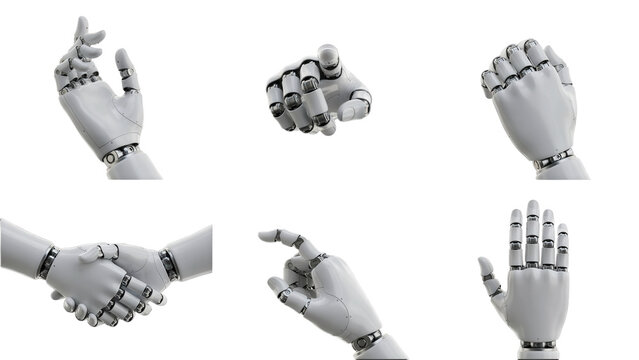 Set of six white robotic hands showing various gestures and poses including a handshake and pointing finger isolated on a transparent background