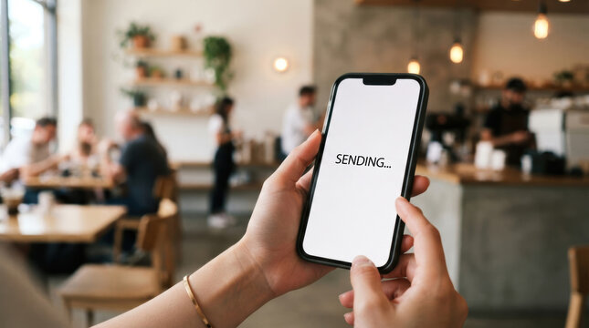 Mobile phone hand cafe sending online submission digital message with blurred people