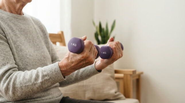 Osteoporosis arm exercise supports bone strength as older adult lifts light weight at home with focused determination