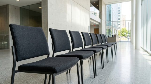 Modern office chair row in bright lobby shows labor shortage impact on workplace design with empty seating
