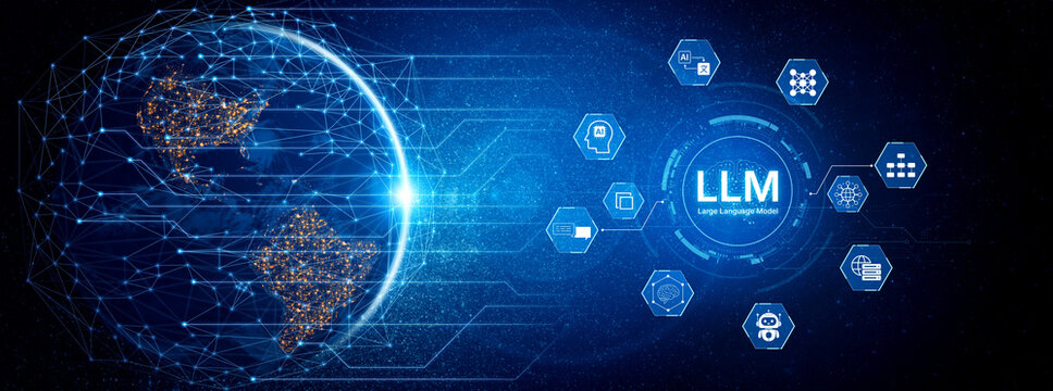 Large Language Model LLM processing data. Represents deep text learning, natural language processing NLP AI tech, transformer architecture, and generative AI deep learning future technology. Corpus