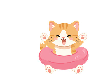 Fototapeta premium Cute kitten in pink swim ring summer vacation cartoon animal illustration