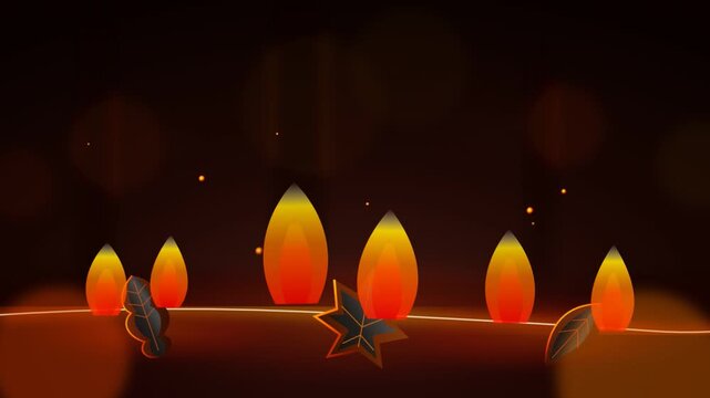 Glowing autumn lights string decoration with colorful leaf shapes in dark room