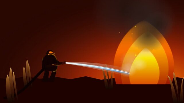 Flat vector animation of firefighter spraying water at burning flame