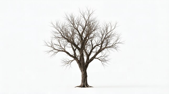 Isolated leafless deciduous tree with intricate bare branches against a clean white background