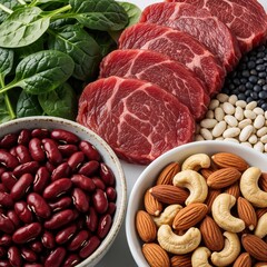 Fototapeta premium Raw meat slices spinach and various beans almonds cashews arranged together. Assortment of iron rich foods for healthy eating. Natural light studio shot.