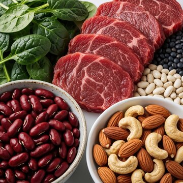 Raw meat slices spinach and various beans almonds cashews arranged together. Assortment of iron rich foods for healthy eating. Natural light studio shot.