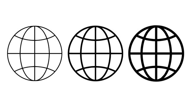 Globe icons set with three globe illustrations featuring geography, world, earth with lines and meridians