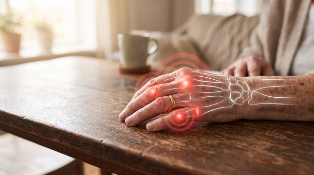 Elderly persons hand with highlighted painful joints, illustrating arthritis or rheumatism.