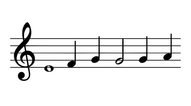 Musical notes set with black and white illustration featuring treble clef, staff lines, whole note, quarter note, and eighth note with musical symbols and composition