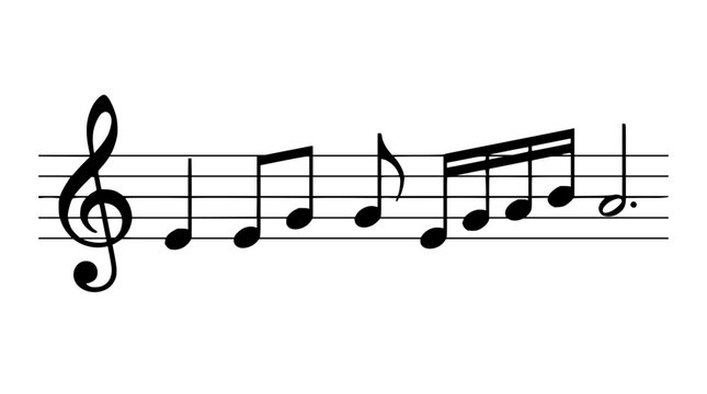 Musical notes set with treble clef featuring staff lines, eighth notes, quarter notes, and whole note with rests