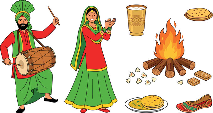 Minimalist AI Style Punjabi Lohri Festival Vector Set with Bhangra Dancers Dhol Bonfire and Traditional Food Elements