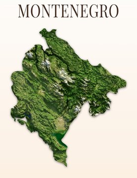Montenegro Shaded Relief Map. Hillshaded physical terrain map illustration. Light background with title. Illustration elements derived from NASA Imagery and NASADEM Global Elevation Model.