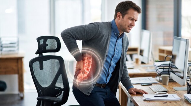 Man suffering from back pain in office.