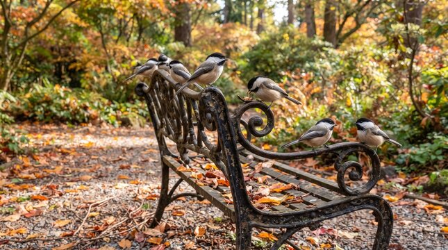 Vintage wrought iron garden bench with chickadee birds, autumn park landscape with fall foliage, rustic outdoor seating in golden forest