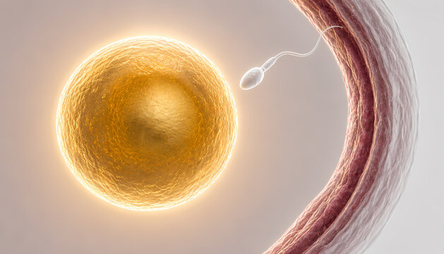 Medical 3D Illustration of Human Sperm Cell Fertilizing Golden Egg Cell Near Fallopian Tube Epithelium