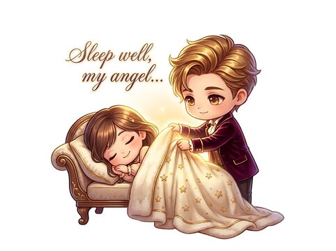 Chibi anime boy tucking in sleeping girl, cute manga characters with star blanket, sleep well my angel text illustration