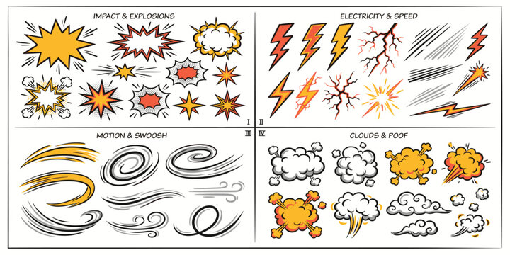 Line speed cartoon effect, boom explosive motion line element set. Comic boom burst, explosive smoke, line speed cartoon vector icon. Hand drawn sketch doodle action effect. Vector illustration