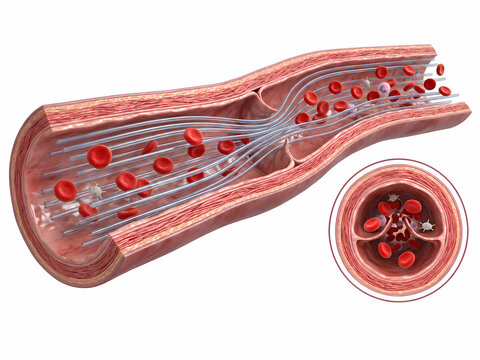 3D Diagram of Vein Cross Section Displaying Venous Valve Structure and Longitudinal Blood Flow Dynamics