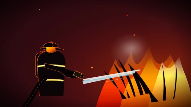Animated firefighter extinguishing bright orange flames with water hose