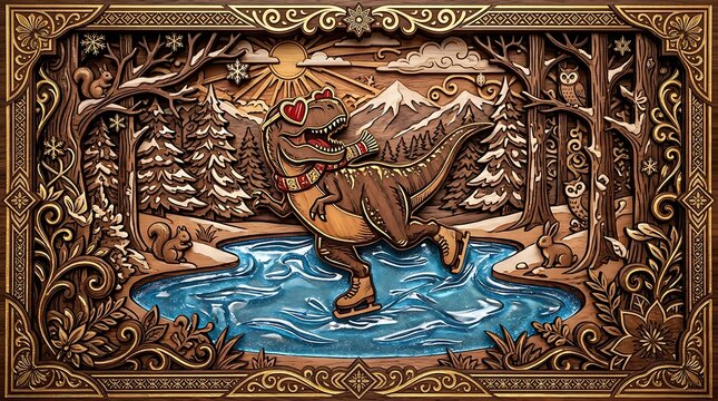 Intricate wood carving of a dinosaur ice skating, whimsical T-Rex in winter landscape, ornate wooden relief art with forest animals