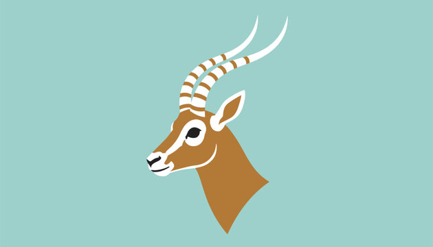 Flat vector illustration of a gazelle or antelope head with long striped horns on a light teal background.