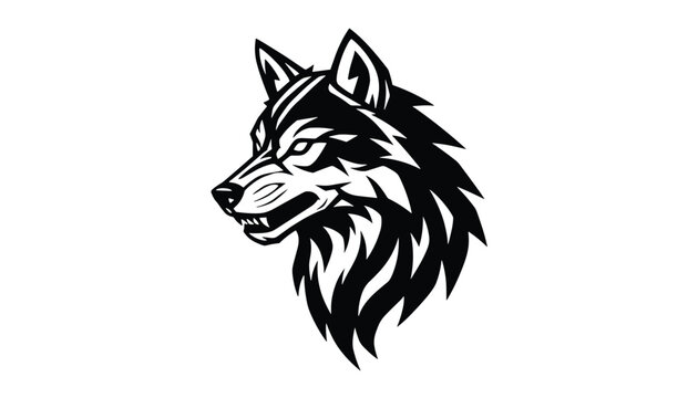 Dynamic black and white vector mascot logo of a fierce growling wolf or husky dog head profile, isolated on white.