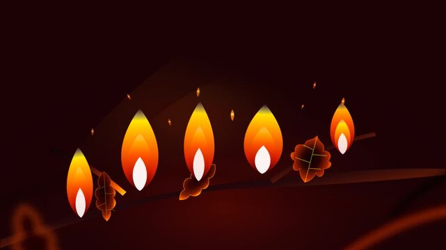 Glowing autumn leaves and animated flames animation on dark background