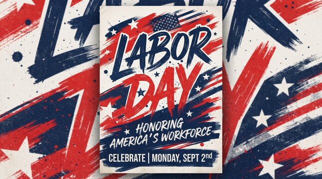 Labor day poster design with artistic red white and blue brush strokes and american flag inspired typography