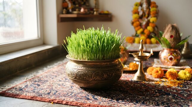 A brass pot filled with vibrant green jowar sprouts, symbolizing growth and prosperity during the navratri festival, placed near a lit diya