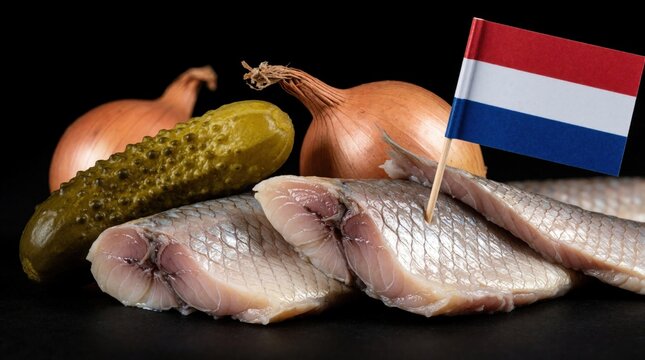 Traditional Dutch salted herring served with raw onions, green pickles. Pieces of pickled fish lie on black surface with small Netherlands flag. Classic seafood dish from Holland prepared for snack